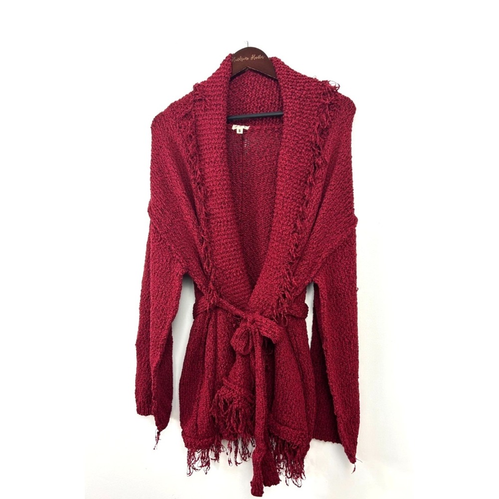 New POL Women S Red Knit Sweater Belted Fringed Cardigan Cozy Shawl Collar 1447R